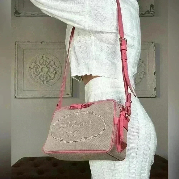 Authentic PRADA PINK JACQUARD CANVAS LOGO
CAMERA BAG - Picture 4 of 15